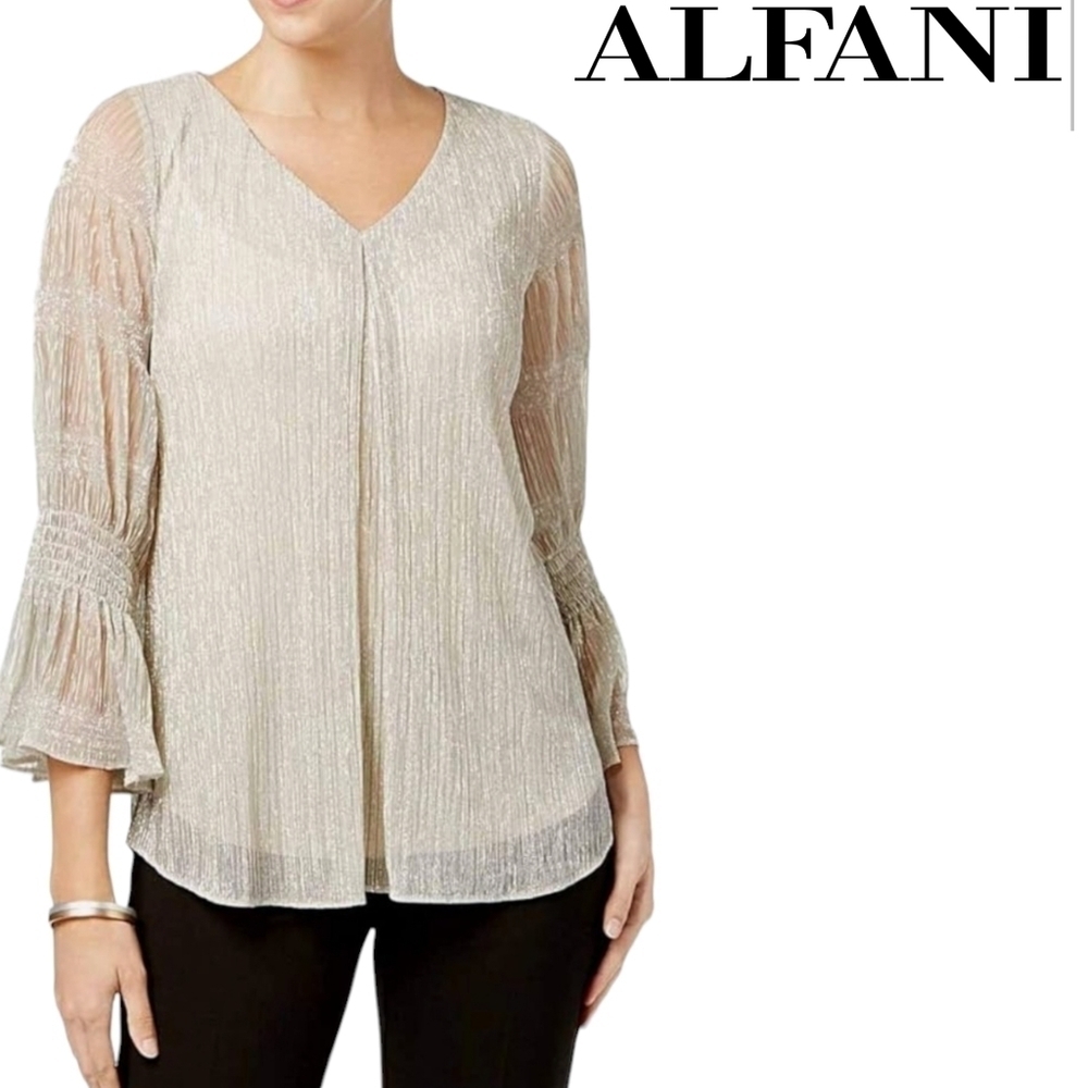 ALFANI party top shiny gold metallic 3/4 bell sleeve Blouse Shirt Size Small